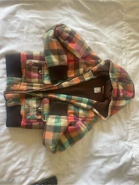 Roxy Women Plaid Puffer Jacket | W Sz Small | Brown, Pink, Green, Orange